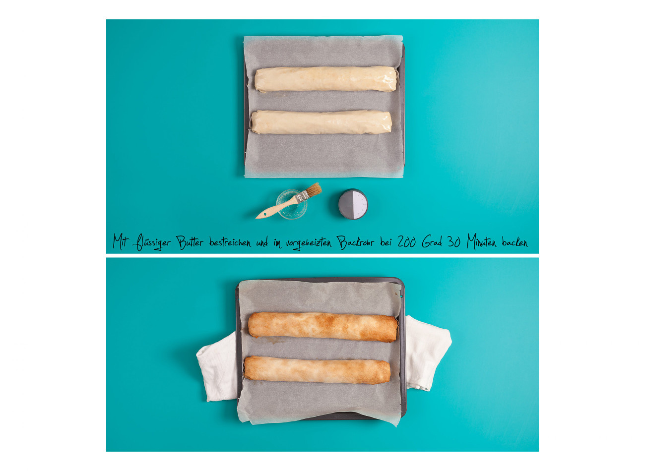 Apfelstrudel Zubereitung: Die Rollen mit Butter bestreichen und backen