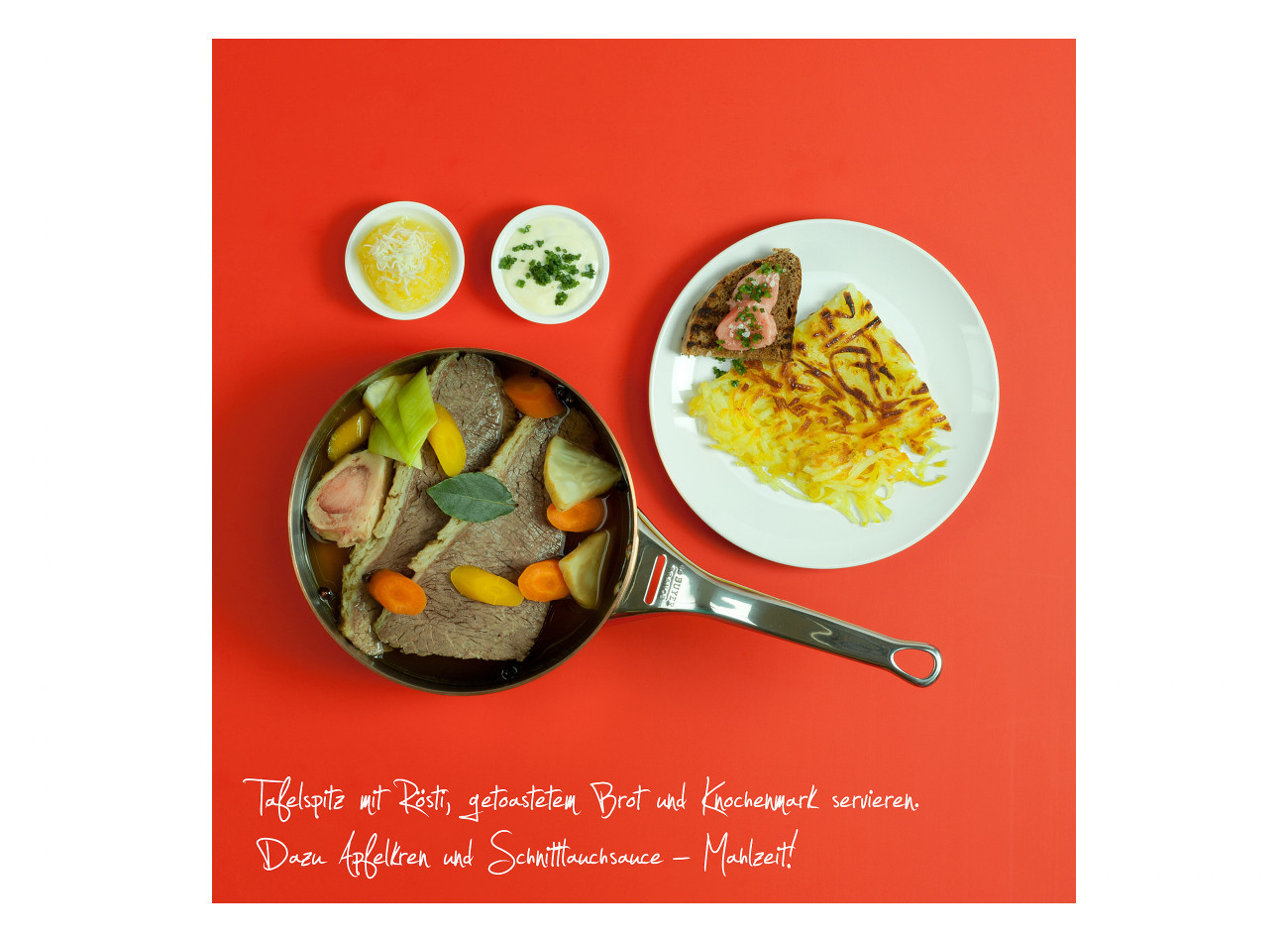 Wiener Tafelspitz Zubereitung: Tafelspitz mit Rösti, Brot und Knochenmark servieren - Mahlzeit!